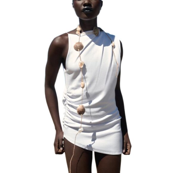 Zara Goddess Tank Womens Medium White Ruched Asymmetric Shoulder Grecian Summer - Picture 1 of 5